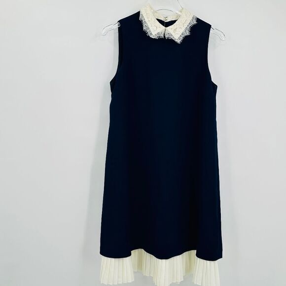 Nanette Lepore Size 6 Navy Blue Sleeveless White Lace Trim Mini Shift Dress - Picture 1 of 5